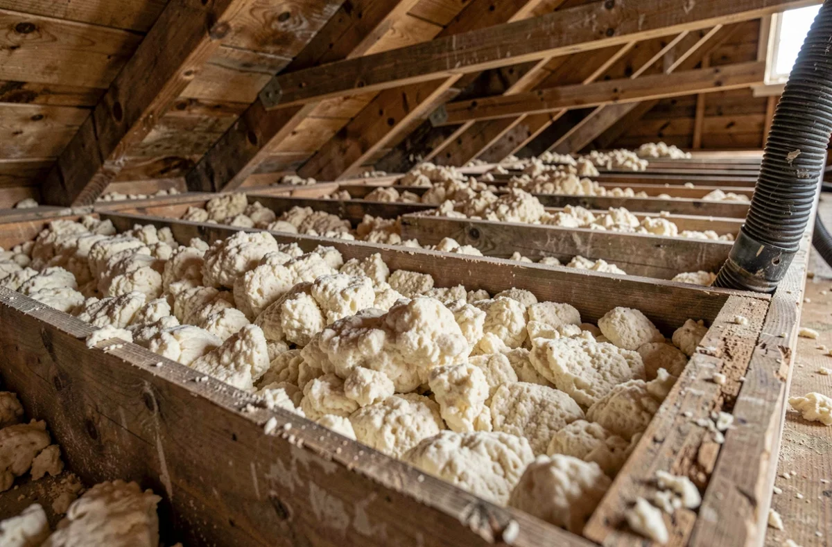 Gros plan sur de l'ouate de cellulose soufflée entre les solives d'un plancher de combles perdus