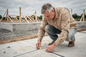 Ouvrier de chantier traçant un angle droit sur une dalle en béton avec la méthode 3-4-5 et un cordeau à craie