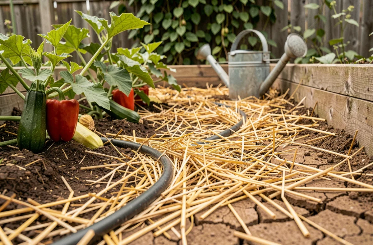 Tuyau suintant et paillis de paille autour des légumes du potager pour conserver l'humidité du sol en été