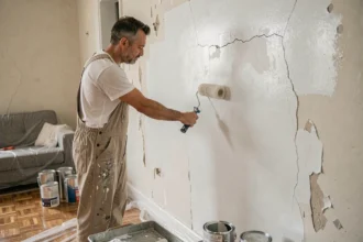 Homme en salopette peignant un mur abîmé avec un rouleau dans une pièce en rénovation