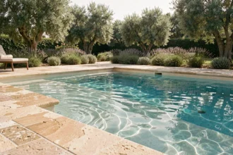 Vue grand angle d'une piscine résidentielle avec une pente douce visible sous l'eau claire