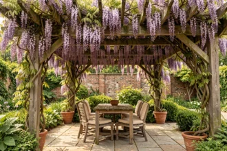 Pergola en bois entièrement recouverte de glycine grimpante créant un coin ombragé dans un jardin avec mobilier de terrasse en dessous