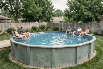 Piscine hors-sol en acier renforcé installée dans un jardin suburban avec famille se relaxant autour, illustrant la résistance des piscines modernes