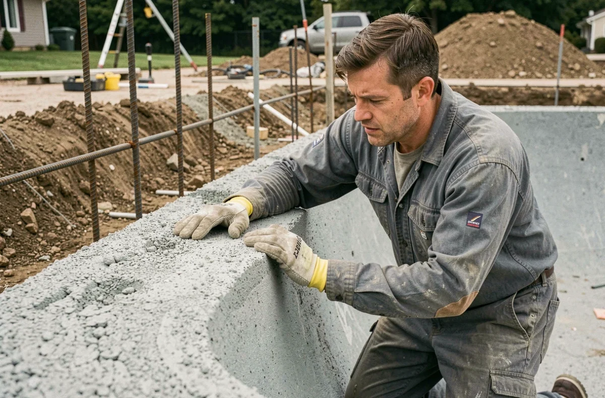 Installateur inspectant la coque en béton armé d'une piscine enterrée en construction, démontrant la solidité et la durabilité des matériaux