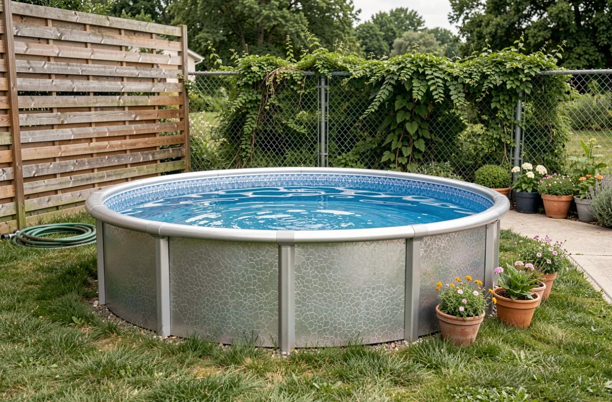 Piscine hors sol ronde installée dans un jardin résidentiel avec espace dégagé autour