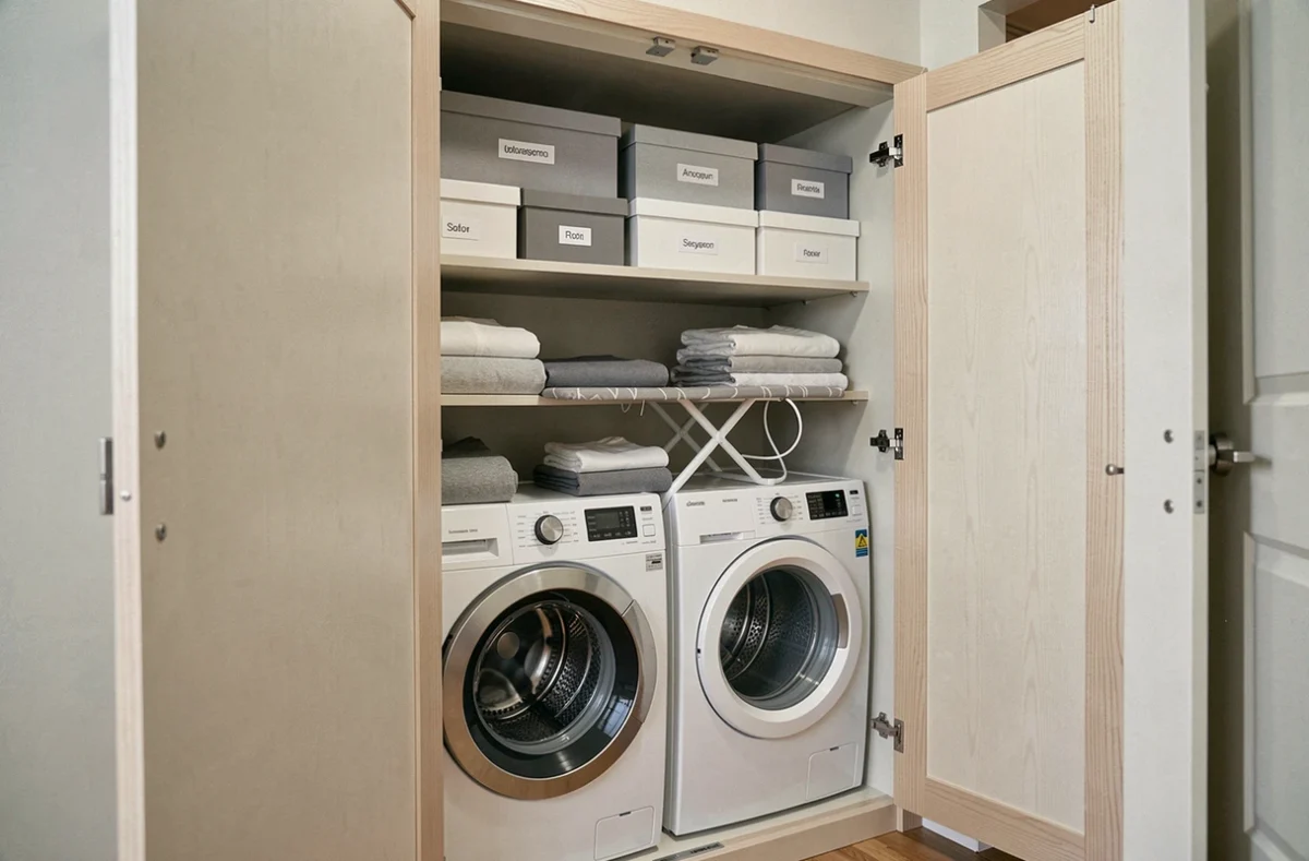 Placard buanderie intégré ouvert révélant une organisation astucieuse avec lave-linge, planche à repasser escamotable et étagères