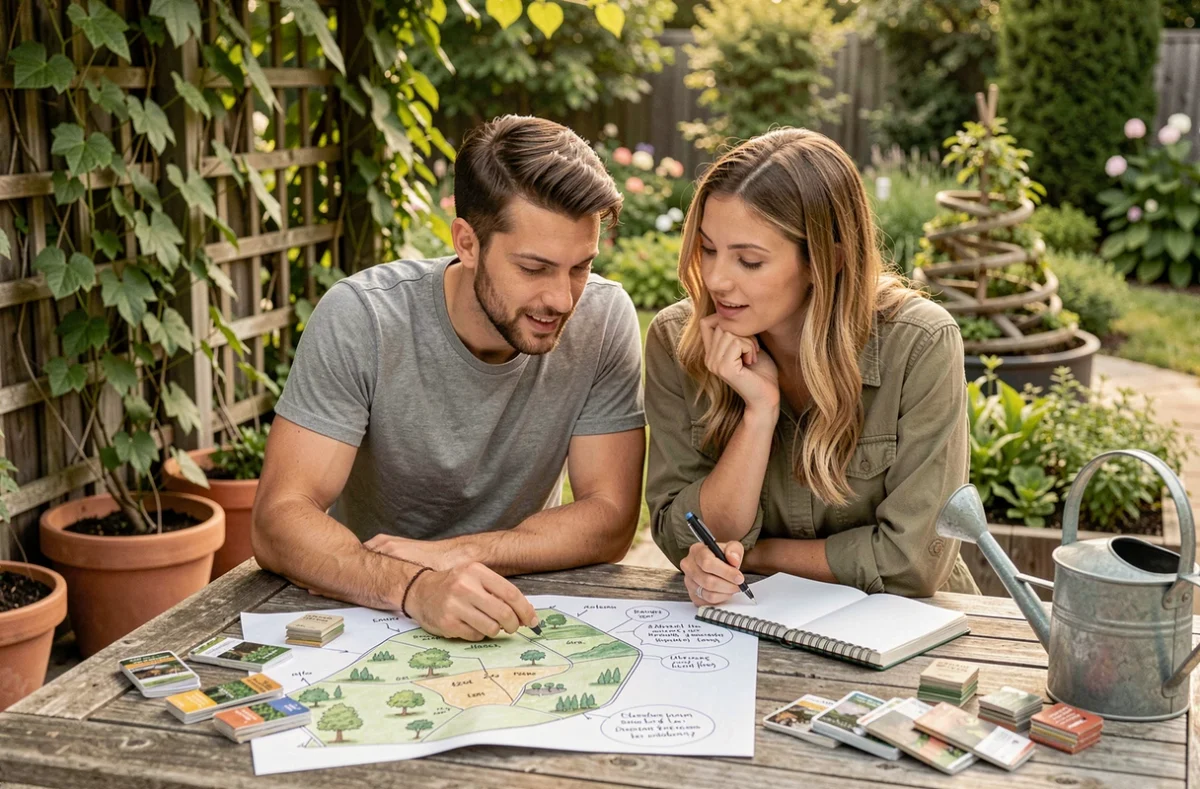 Couple de débutants planifiant leur jardin en permaculture avec des cartes de zones et des sachets de graines sur une table en bois extérieure