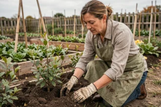 Femme plantant une haie naturelle de charme et d'aubépine en bordure d'un potager pour le protéger du vent