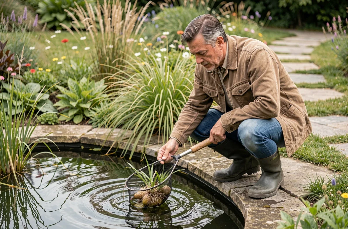 Homme introduisant des plantes aquatiques dans une mare naturelle pour enrichir l'écosystème du jardin