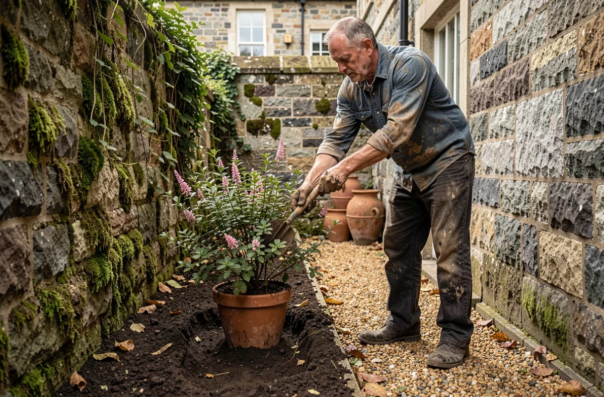 Homme plantant un arbuste spirea dans un étroit jardin de passage entre deux murs en pierre