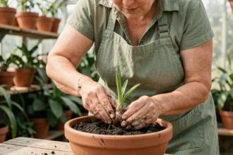 Femme plantant un bulbe de lys dans un pot en terre cuite dans une serre, mains dans la terre