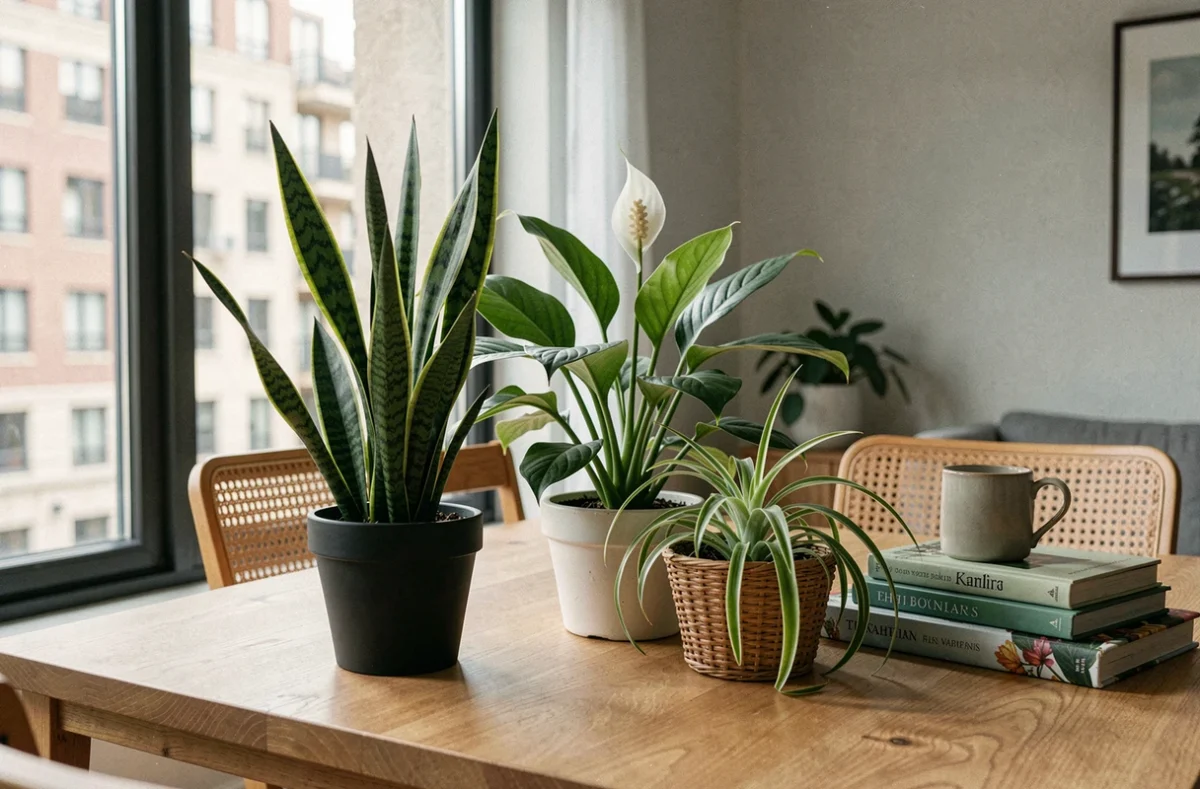 Plantes dépolluantes d'intérieur — sansevière, spathiphyllum et chlorophytum — disposées sur une table en chêne clair dans un appartement moderne