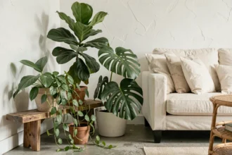 Coin salon décoré de plantes vertes luxuriantes dont un ficus lyrata et un monstera sur une étagère en chêne