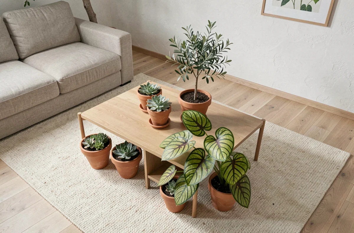 Vue en plongée d'une table basse scandinave entourée de plantes en pot en terre cuite sur parquet clair dans un salon minimaliste