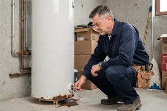 Plombier inspectant la corrosion à la base d'un chauffe-eau en fin de vie dans une buanderie