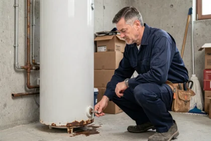 Plombier inspectant la corrosion à la base d'un chauffe-eau en fin de vie dans une buanderie