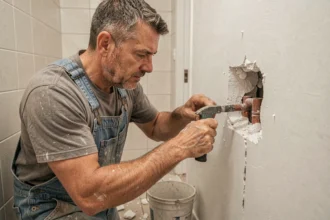 Plombier qui ouvre un mur en plâtre pour accéder à une canalisation encastrée en cuivre lors d'une réparation de fuite