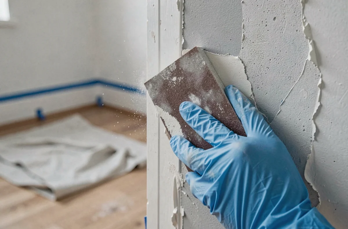 Gros plan de mains gantées ponçant une surface murale préparée avant application de peinture