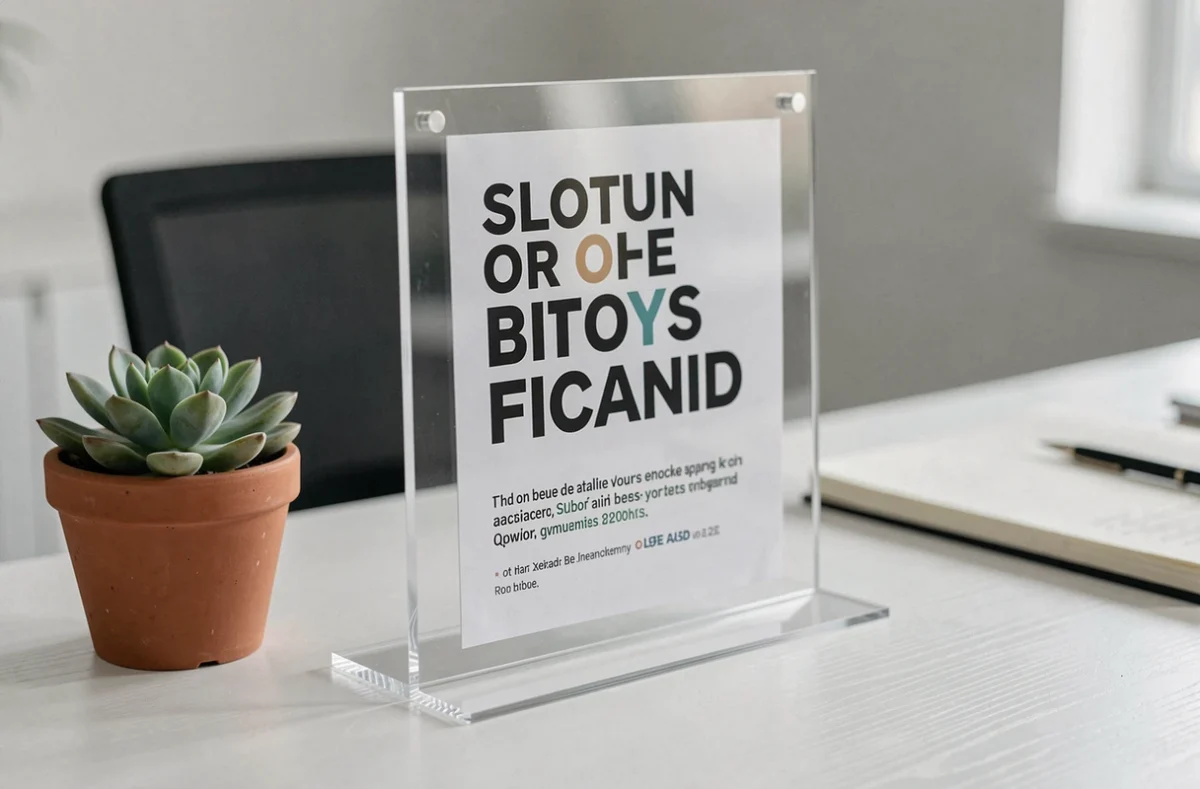 Porte-affiche en acrylique transparent posé sur un bureau blanc avec une affiche graphique maintenue debout
