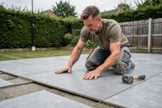 Carreleur posant un grand carrelage gris sur une terrasse extérieure avec un maillet en caoutchouc