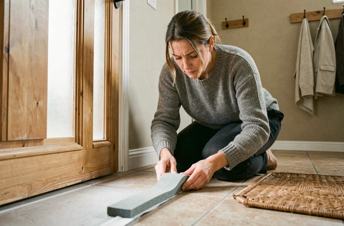 Femme posant un joint d'étanchéité sur une porte d'entrée en bois pour améliorer l'isolation thermique et éviter les déperditions de chaleur
