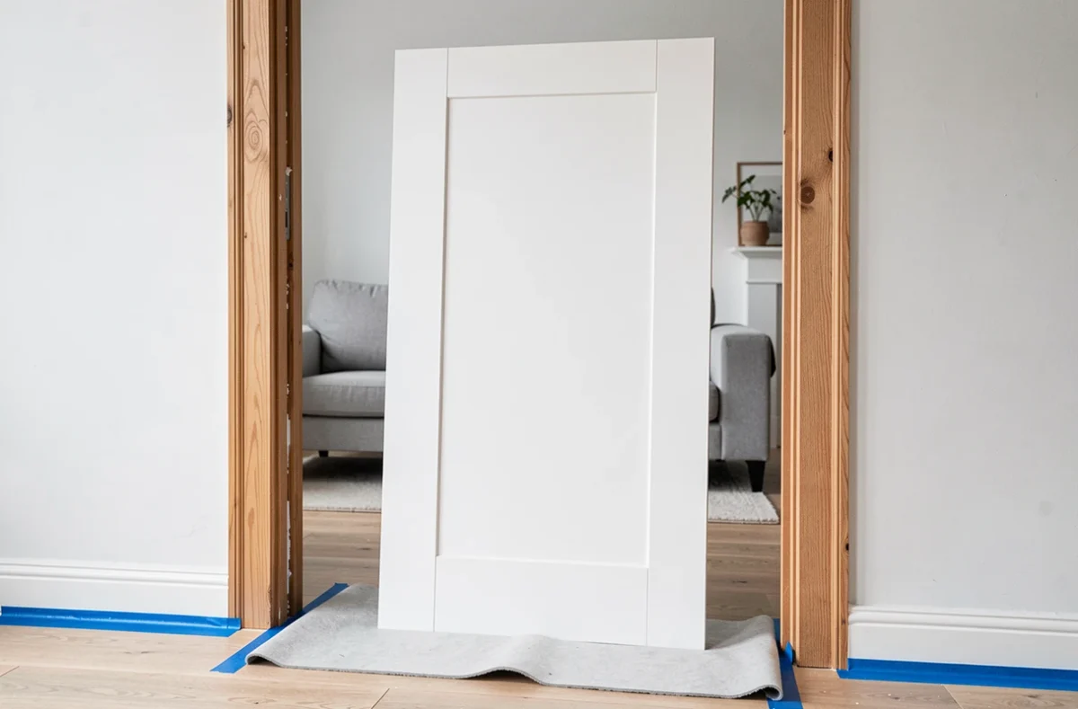 Nouvelle porte intérieure blanche posée contre un bâti existant protégé avec du ruban de peintre