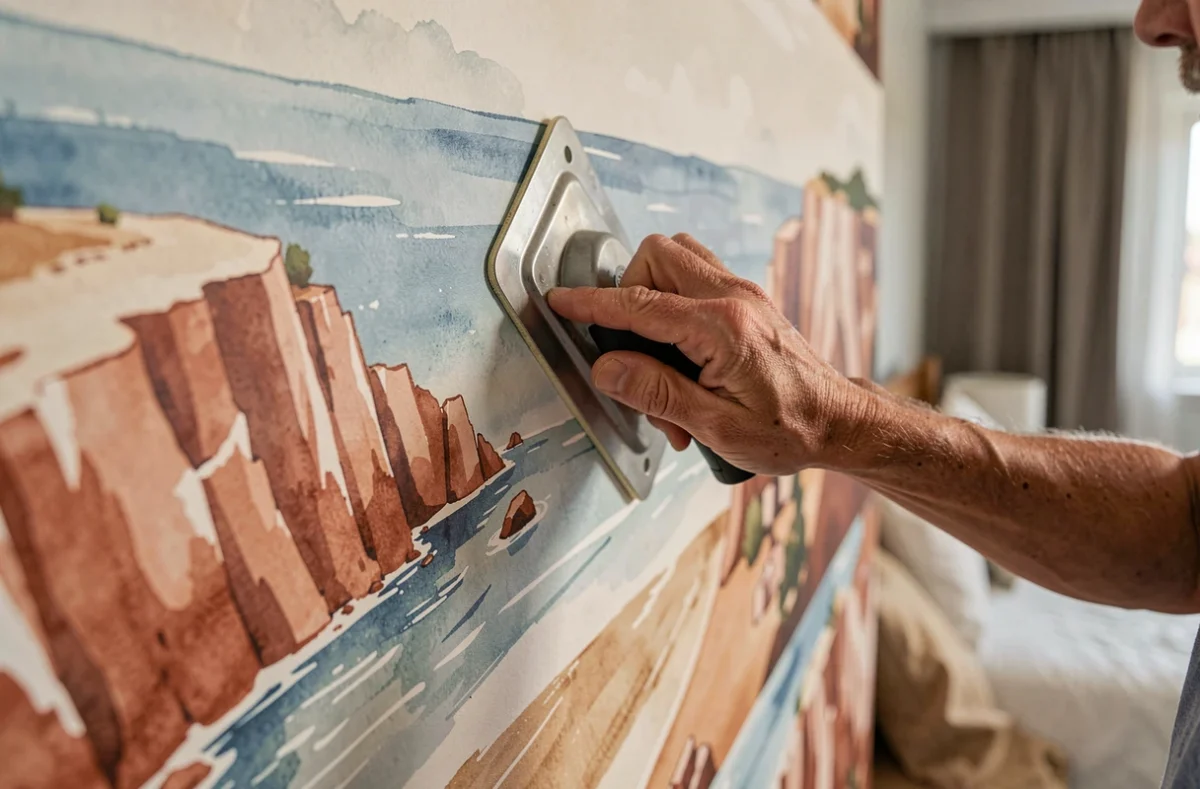 Artisan posant un papier peint panoramique côtier en aquarelle dans une chambre, détail des mains et de la texture du papier