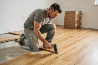 Homme posant un parquet stratifié dans un salon en cours de rénovation, agenouillé avec un maillet en caoutchouc