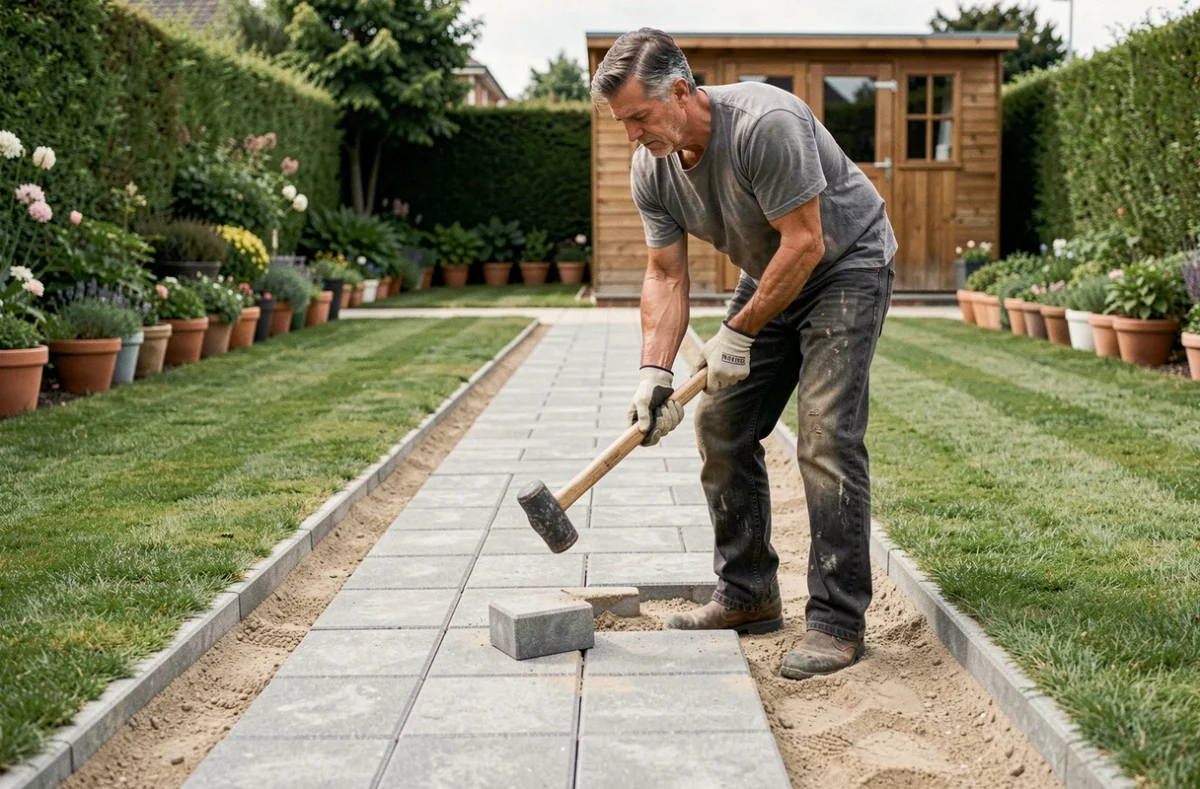 Homme posant des pavés en béton pour aménager une allée de jardin avec du sable