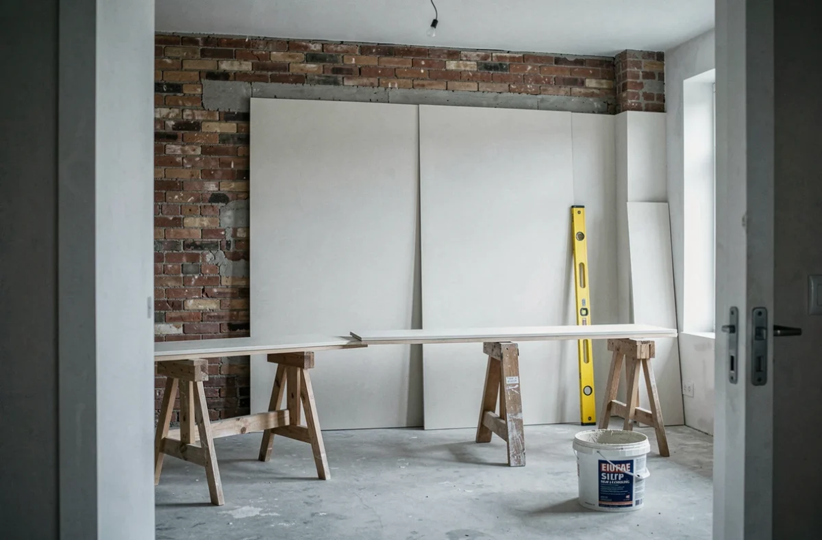 Vue d'ensemble d'une pièce en rénovation montrant des plaques de plâtre collées sur un mur de brique avec une section de brique apparente en comparaison