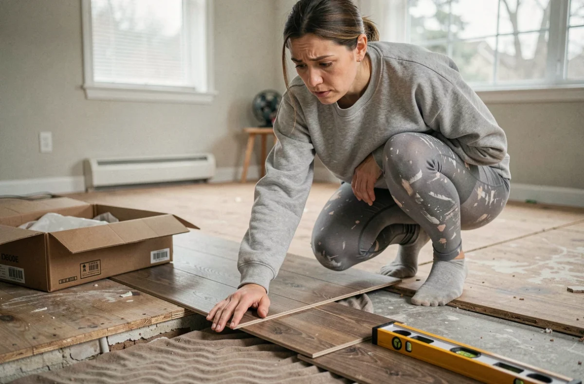 Femme posant du parquet stratifié sur un sous-plancher irrégulier et constatant un problème de planéité