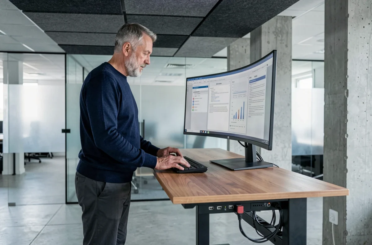 Homme debout à un poste de travail assis-debout modulaire dans un bureau open-space avec moniteur ultrawide et gestion de câbles intégrée