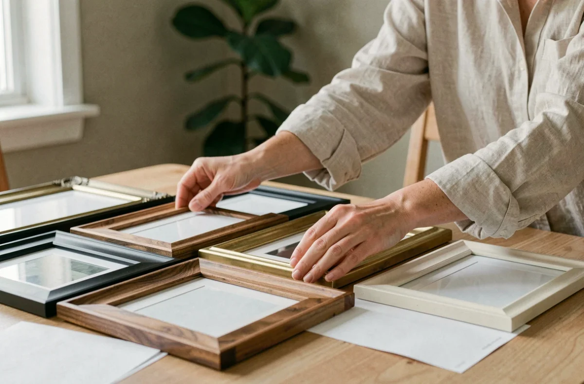 Femme arrangeant des cadres variés sur une table en bois pour planifier une décoration murale originale