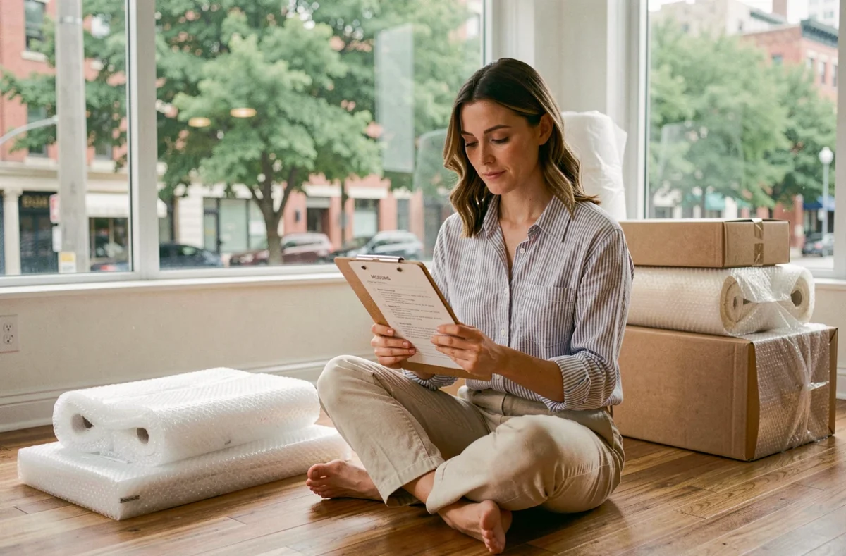 Femme consultant une liste de déménagement assise sur le parquet d'un appartement vide en été, entourée de cartons emballés