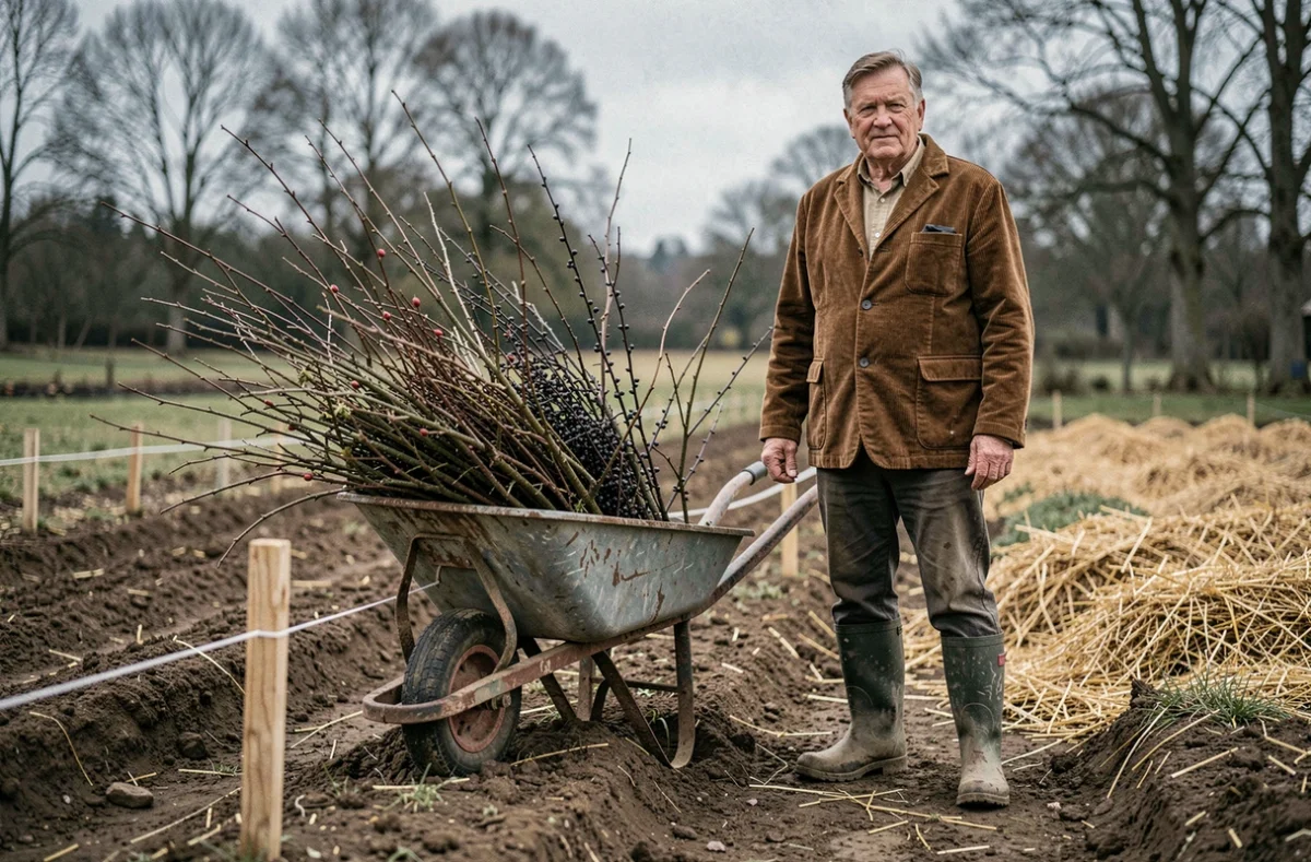 Jardinier préparant des plants de haie en racines nues pour installer une barrière brise-vent autour d'un potager