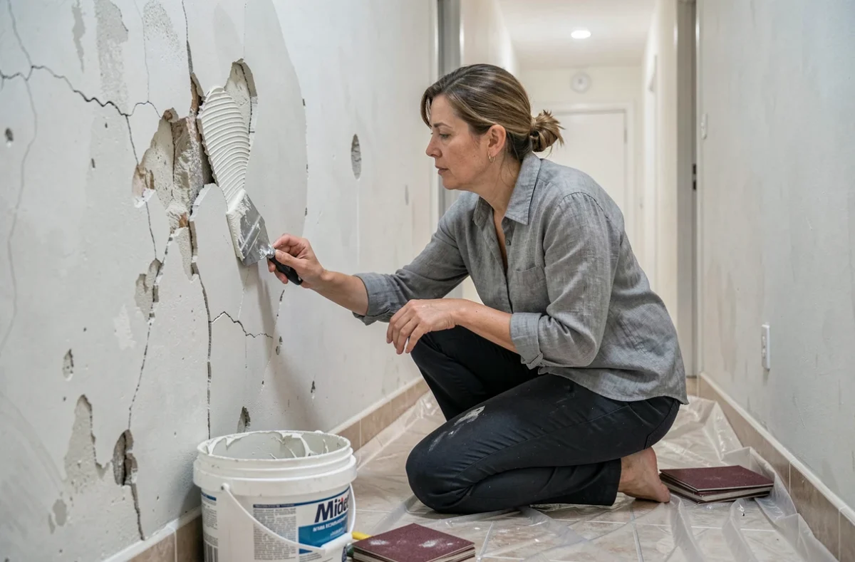 Femme appliquant de l'enduit de rebouchage sur des fissures murales avant peinture dans un couloir