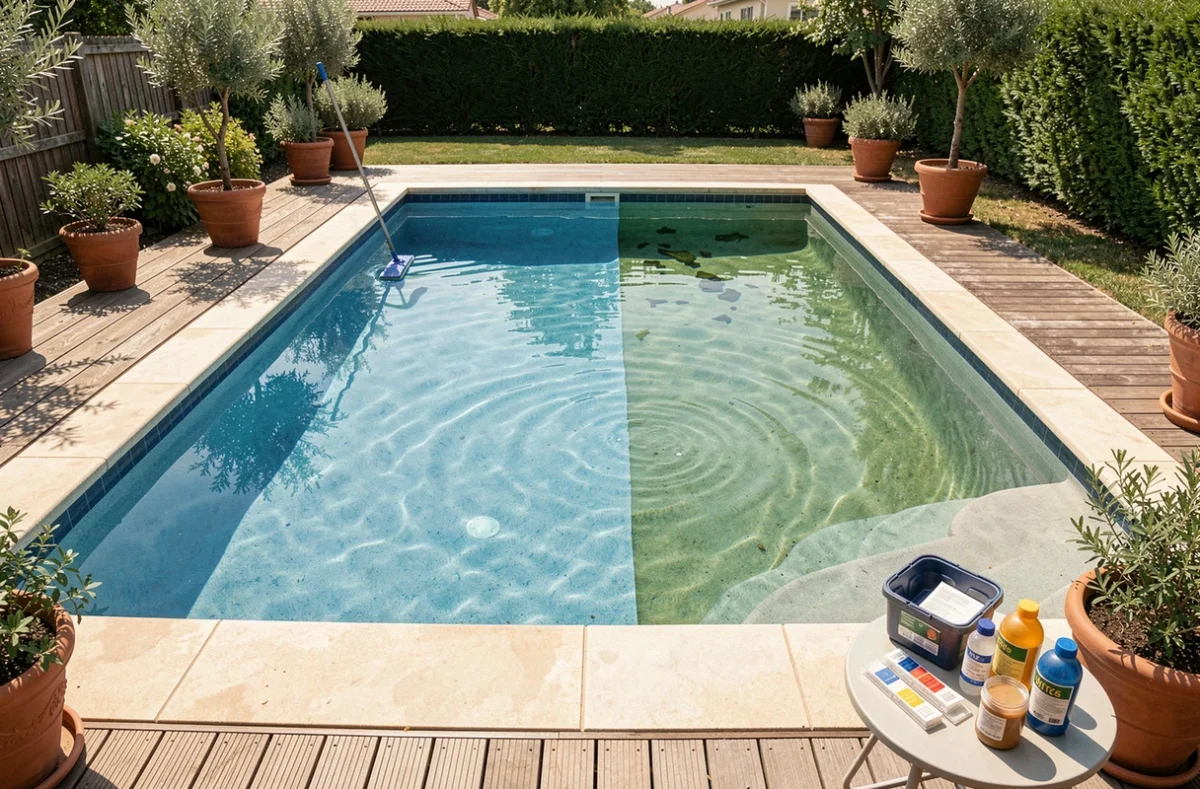 Piscine résidentielle avec zone d'algues verte et eau traitée claire en comparaison
