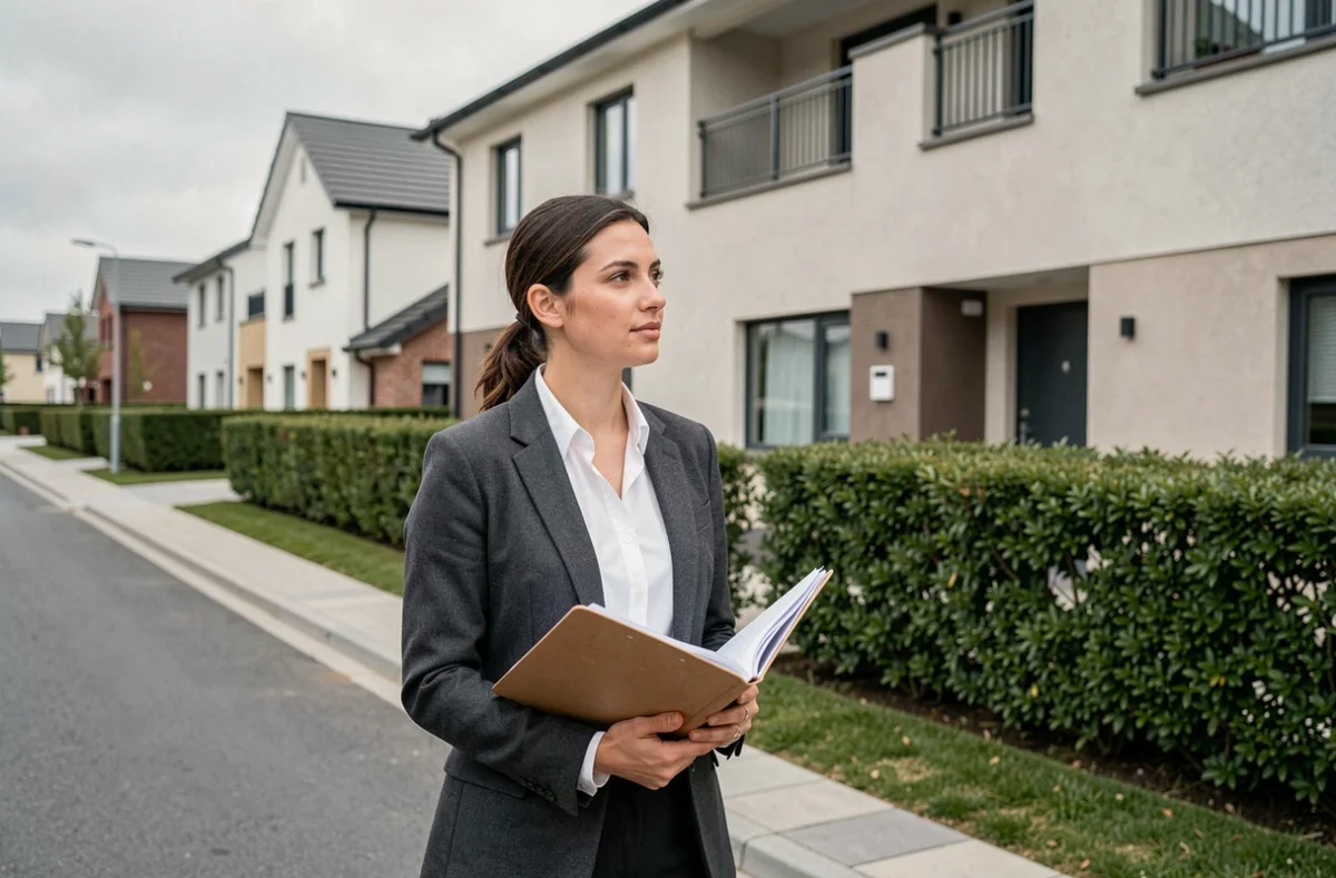 Femme primo-accédante devant une maison neuve tenant des documents de fiscalité immobilière en zone pavillonnaire