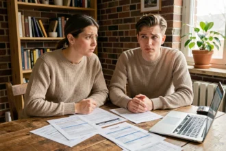 Jeune couple de primo-accédants étudiant des documents fiscaux immobiliers sur une table en bois dans un appartement