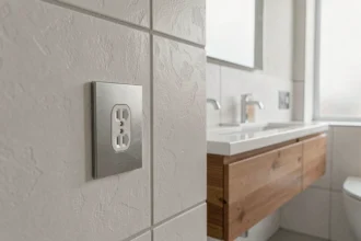 Prise électrique installée dans une salle de bain moderne près d'un miroir de vanité avec carrelage blanc