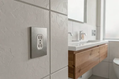 Prise électrique installée dans une salle de bain moderne près d'un miroir de vanité avec carrelage blanc