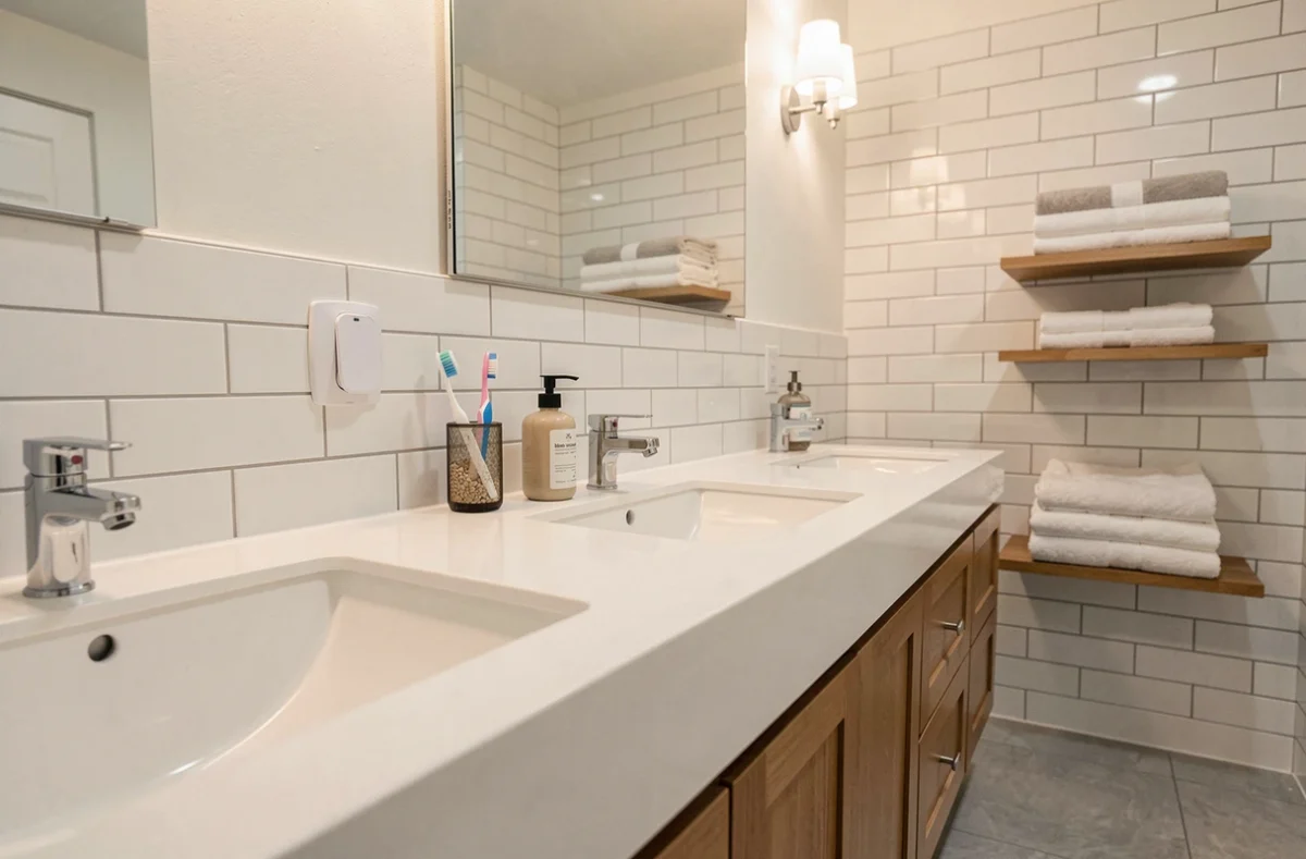 Salle de bain familiale avec prise rasoir installée à côté d'un miroir au-dessus d'un double lavabo