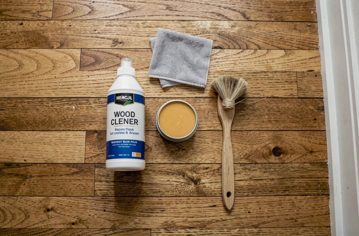 Produits d'entretien pour parquet bois disposés sur un plancher en chêne : cire, nettoyant et chiffon microfibre