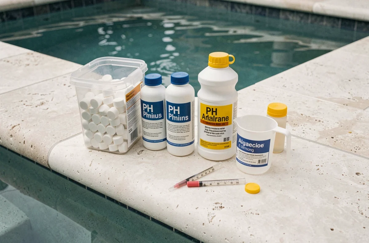 Gamme de produits d'entretien pour piscine posés sur le bord en pierre, incluant pastilles de chlore, correcteurs de pH et algicide