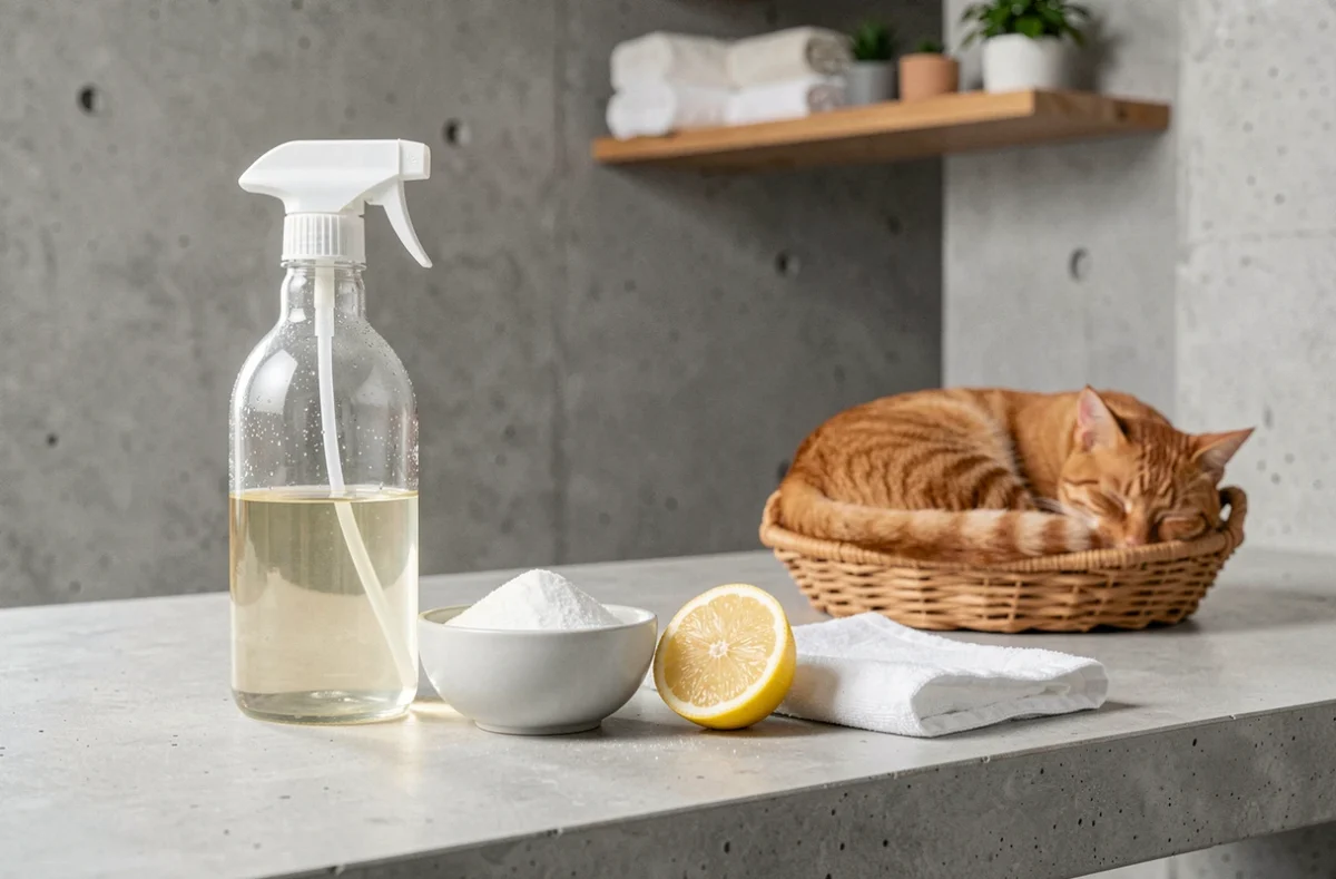 Produits ménagers naturels et sans danger pour les chats disposés sur un plan de travail avec un chat roux endormi en arrière-plan