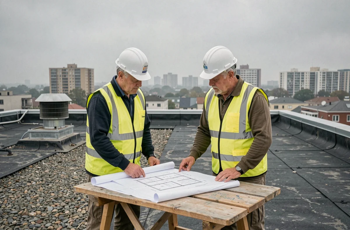 Deux professionnels du bâtiment discutant de plans architecturaux sur le toit d'un immeuble en construction