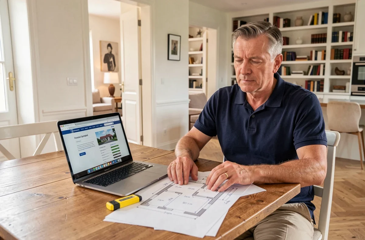 Propriétaire calculant la surface plancher de sa maison pour une demande de permis de construire