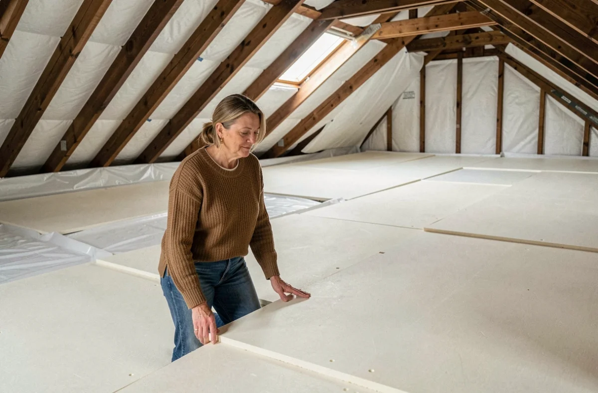 Propriétaire inspectant des panneaux isolants rigides installés dans ses combles perdus après travaux