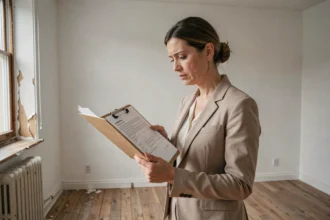 Propriétaire examinant des documents de location dans un appartement vide avant une première mise en location