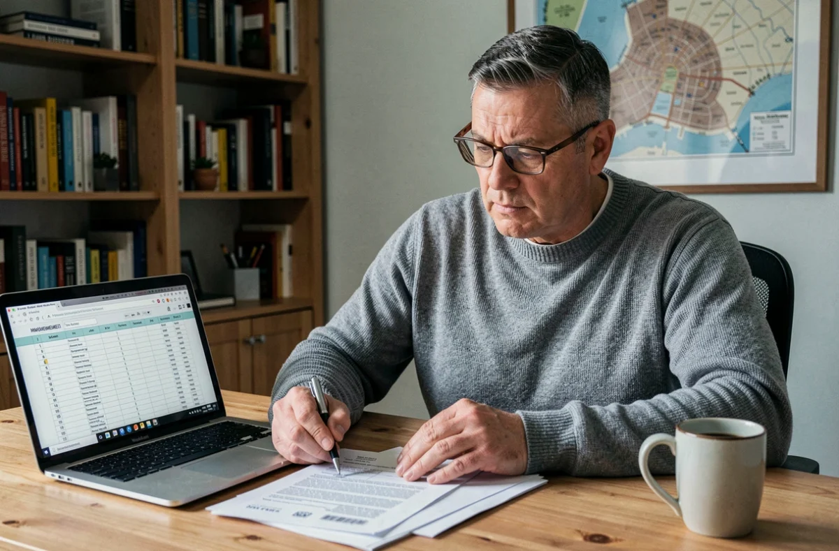 Propriétaire bailleur concentré en train de signer un contrat de location meublée à son bureau à domicile avec un ordinateur portable ouvert